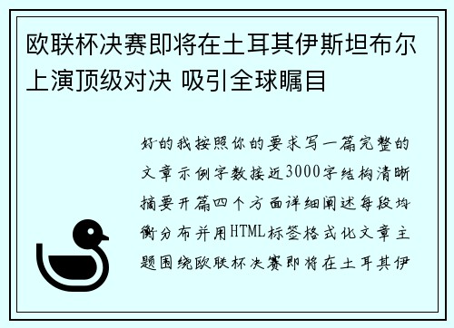 欧联杯决赛即将在土耳其伊斯坦布尔上演顶级对决 吸引全球瞩目 欧联杯决赛即将在土耳其伊斯坦布尔上演顶级对决 吸引全球瞩目